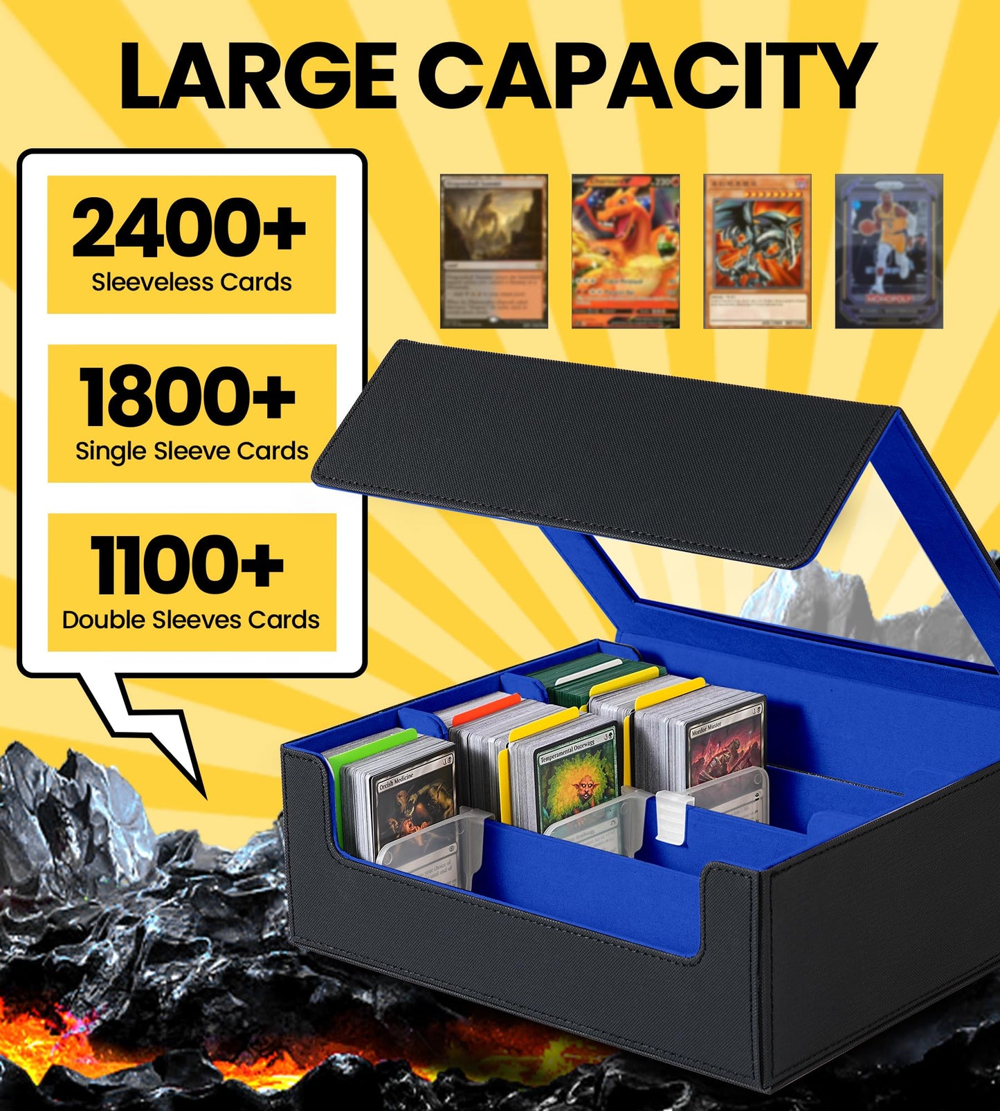 NEWLOOP Trading Card Storage Box - 2400+ Commander Card Deck Case with See-through Display Top for Magic the Gathering YuGiOh, T