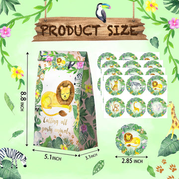Hapibidesign Watercolor Safari Party Favor Bags - 24 Pcs Jungle Party Candy Bags With Stickers - Jungle Goodie Gift Treat Bags -