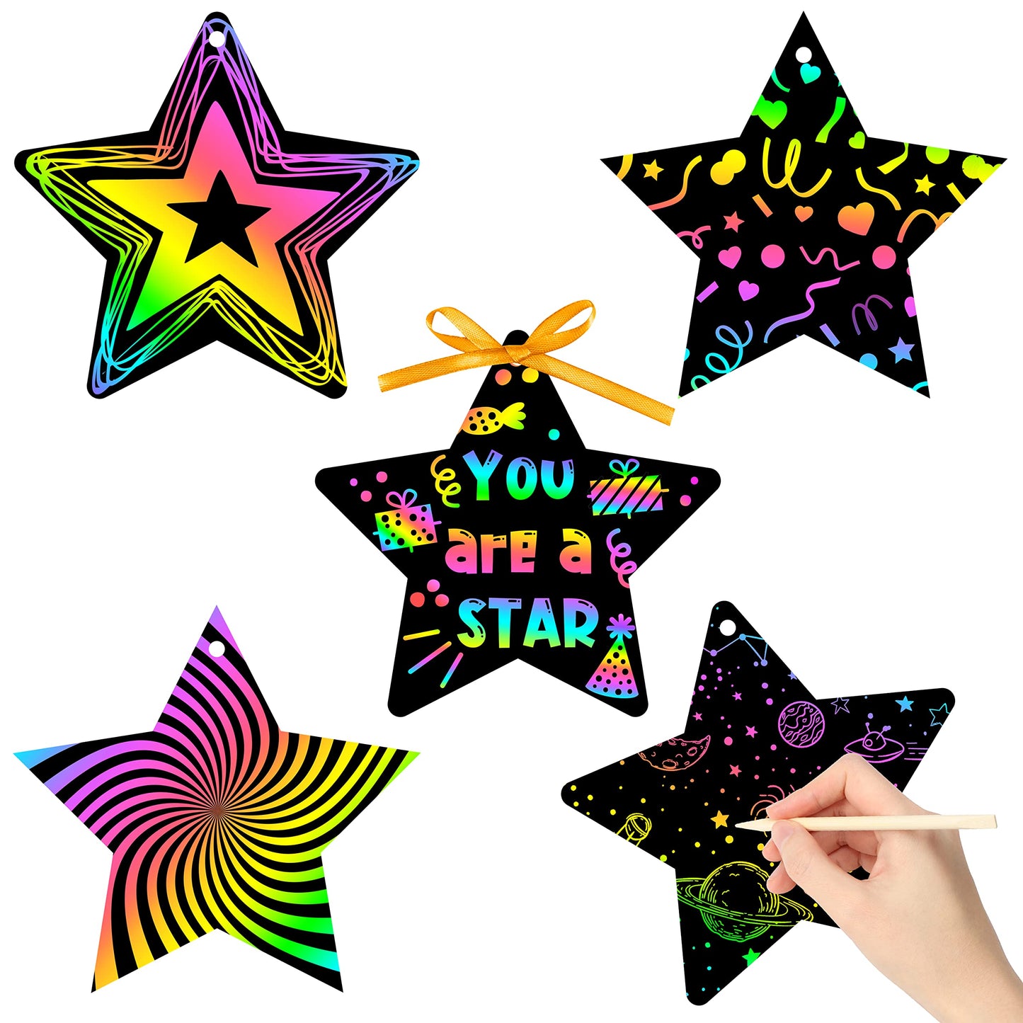 WATINC 60pcs Star Scratch Cards for Magic Color Craft Kit DIY Paper Art Scratch Star Ornament for Kids School Classroom Party Fa