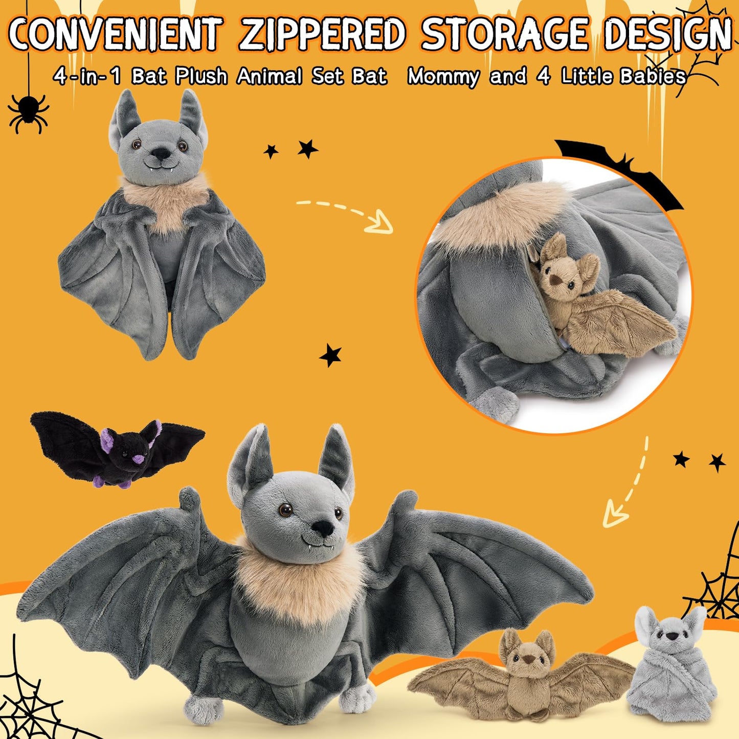 Tezituor Goth Bat Stuffed Animals Set - 32" Gray Plush Toy with 3 Cute Babies, Perfect for Halloween & Christmas Gifts