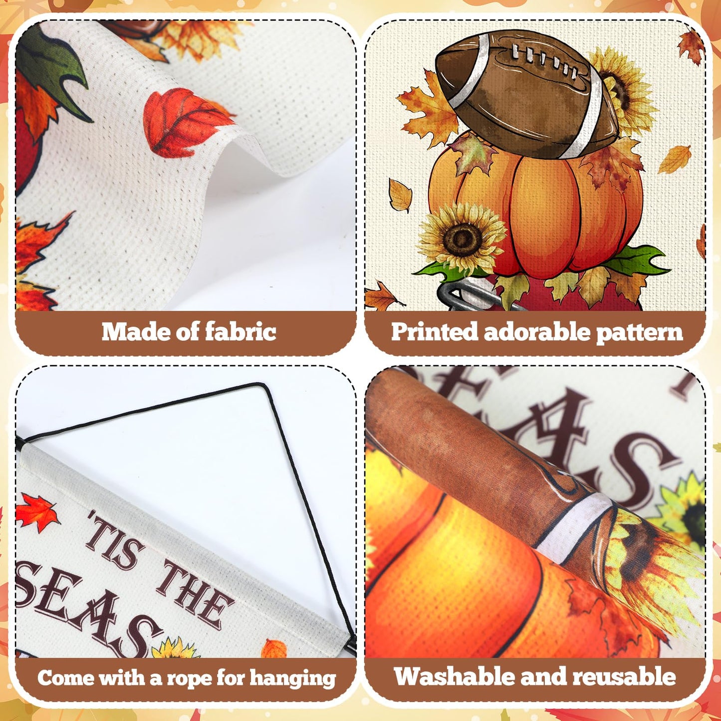 Tegeme 3 Pcs Fall Football Decorations Door Sign Flag Football Pumpkin Door Banner 12 x 20 Inch Autumn Welcome Hanging Banner Se
