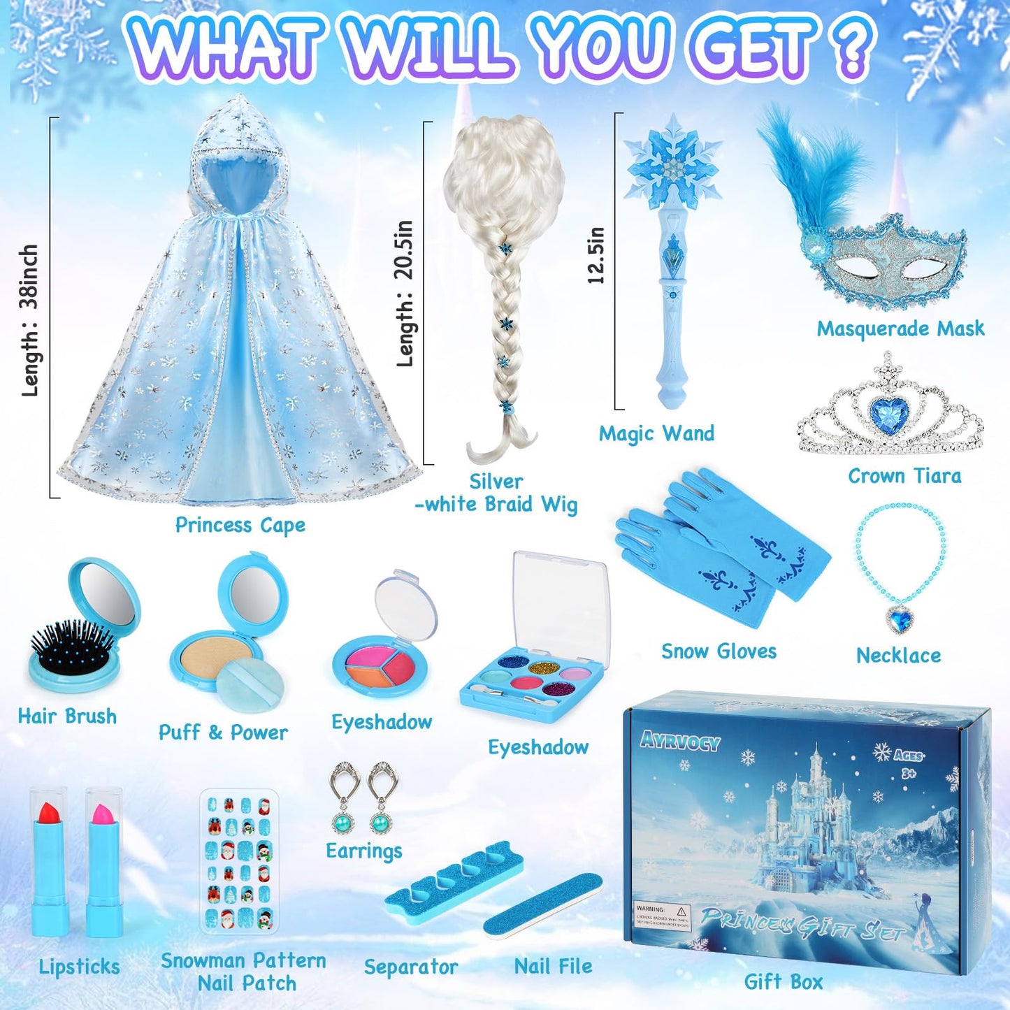 Ayrvocy Elsa Princess Dress Up Set With Frozen Toys For Girls - Includes Snowflake Wand, Real Makeup Kit, Elsa Cape, Wig, Mask,
