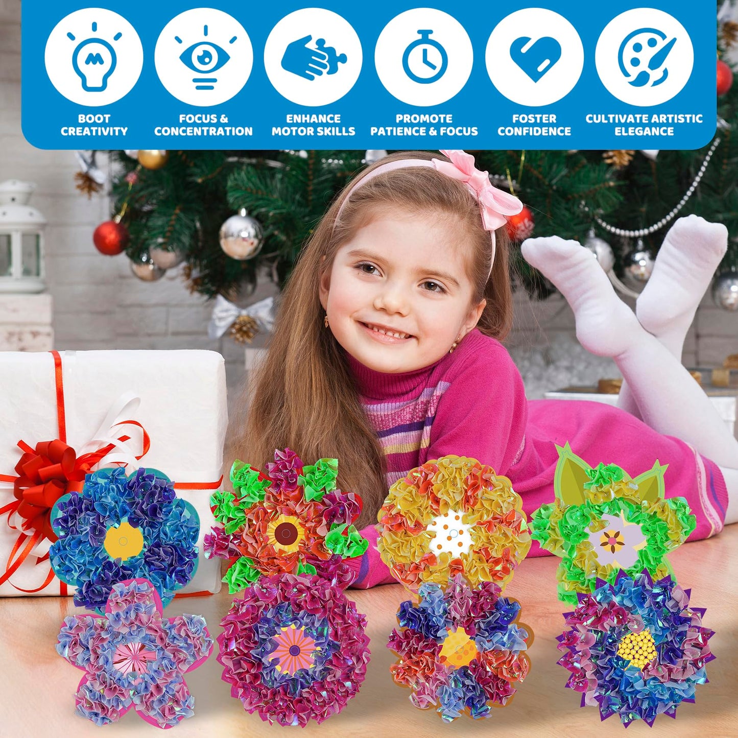 ATFUNSHOP Paper Craft Kits for Kids - 8 Packs Flower Bouquets, Mess-Free Activity for Ages 4-9, Small Size