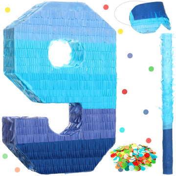Sratte Number 1 2 3 4 5 6 7 8 9 Piñata With Stick Blindfold Confetti, Gradient Blue Piñata For Kids Boys Girls Birthday Party Anniversary Decorations Supplies(Number 9)