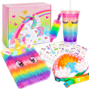 Unicorn Gifts For Girls 5 6 7 8 9 10-12 Years Old Valentine'S Day Gift, Kids Plush Unicorn Toys With Secret Diary Water Bottle Pop Rainbow Purse Ballpoint Pen, Birthday Gifts For Little Girls Teens
