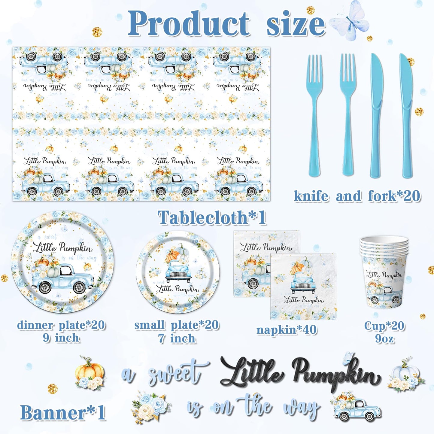 Little Pumpkin Baby Shower Decorations Tableware,142Pcs A Sweet Little Pumpkin Is On The Way Boy Blue Floral Truck Disposable Ta