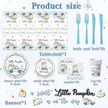 Little Pumpkin Baby Shower Decorations Tableware,142Pcs A Sweet Little Pumpkin Is On The Way Boy Blue Floral Truck Disposable Ta