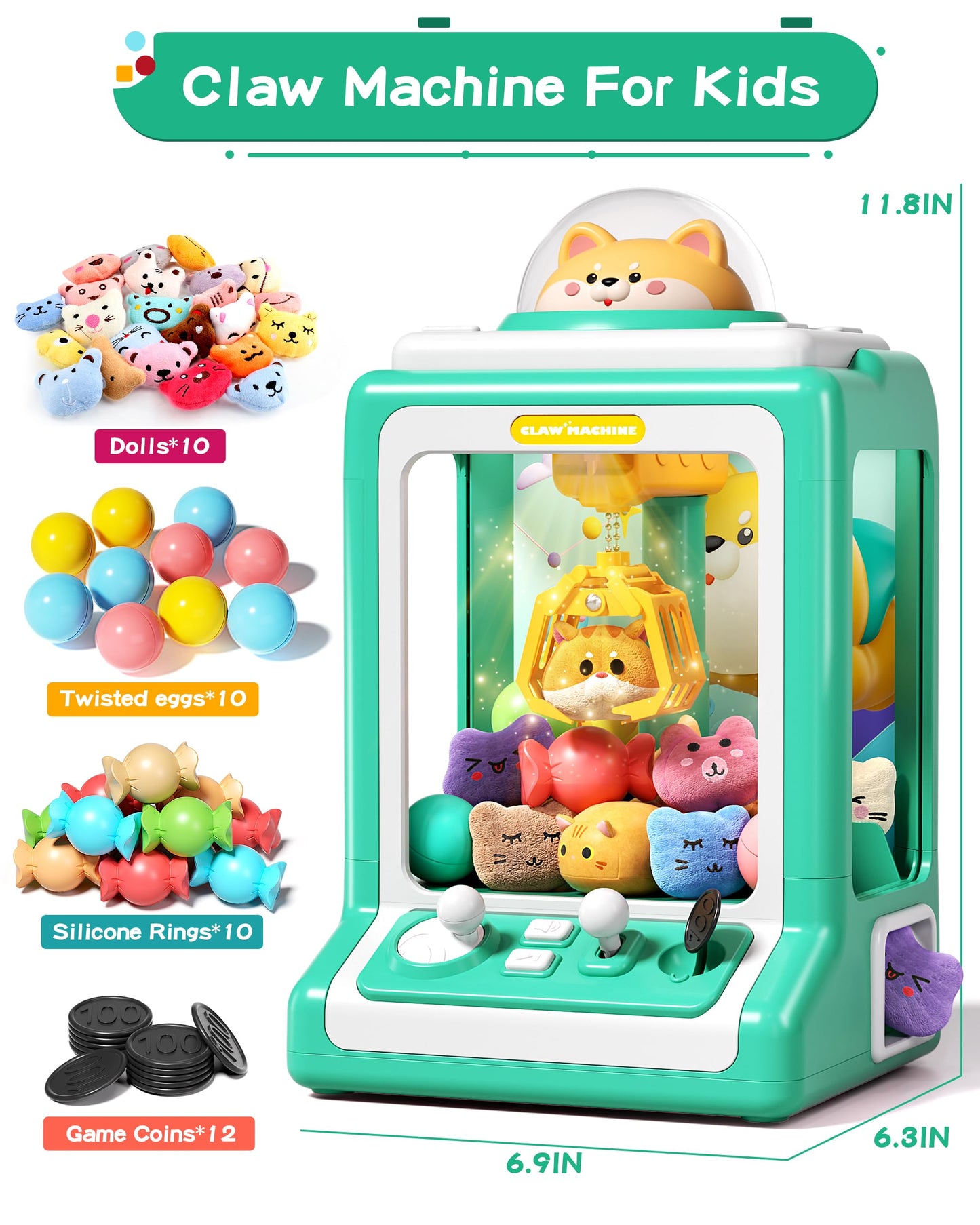 Claw Machine For Kids, Mini Vending Machine With Game Coins & Music, Prize Dispenser Toys For Girls And Boys, Electronic Claw Game Machine For Party Birthdays, Includes 30 Mini Toys (Doggy Green)