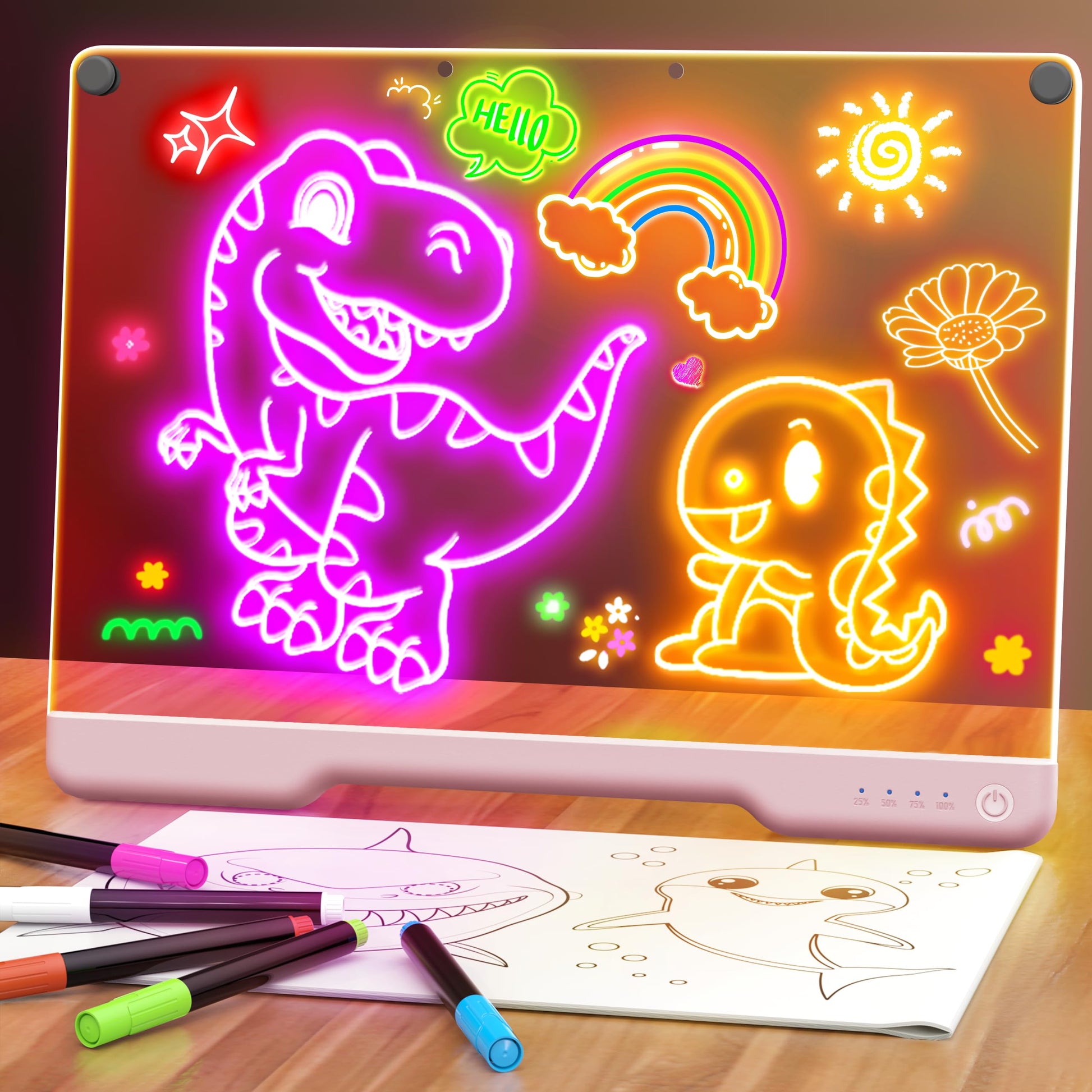 16-Inch Rechargeable Doodle Glow LED Note Board, 7-Color Light Modes, Neon Art Dry Erase Light Up Drawing Pad with Built-in Stan