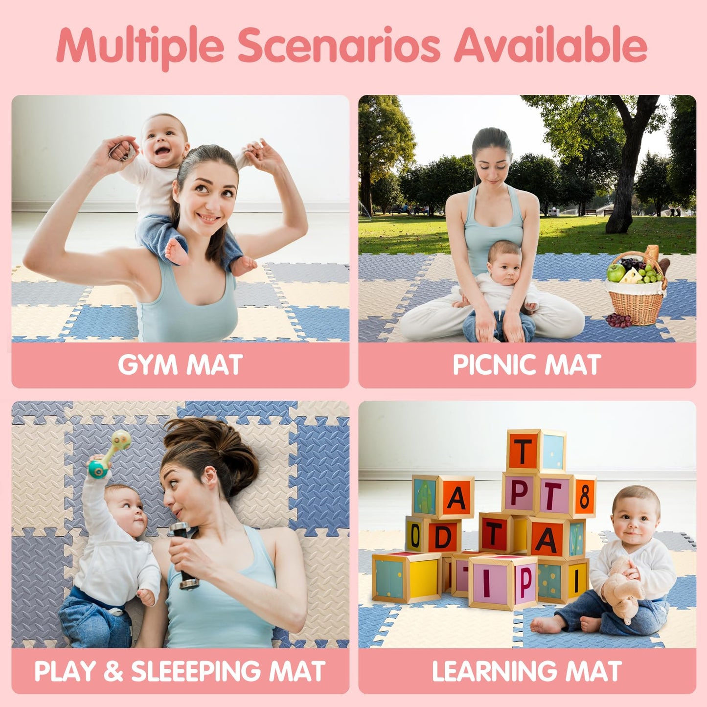 Tamiplay Play Mat for Babies 0-6 Months, Solid Colored Foam Baby Play Mat, Non-Toxic Interlocking Puzzle Floor Mats, 0.4'' Thick