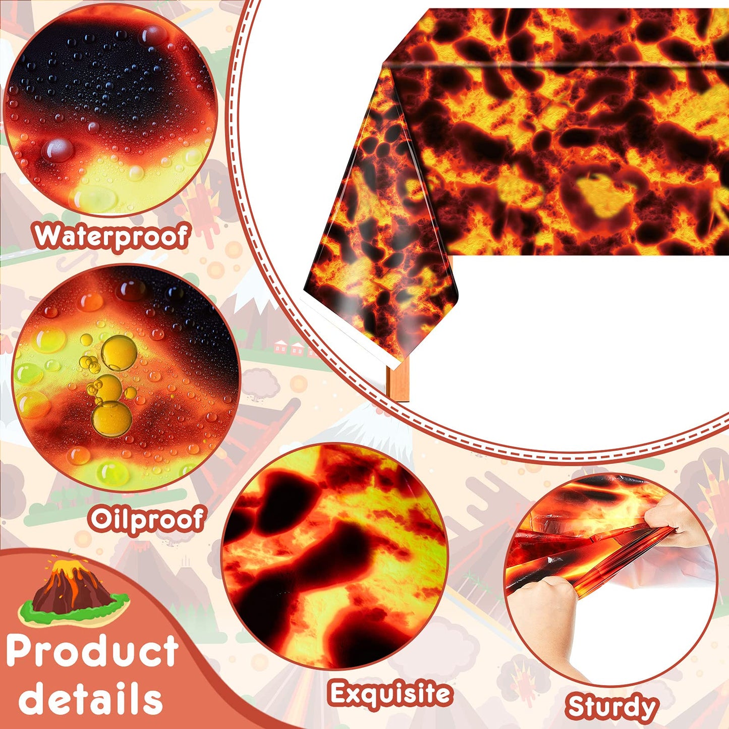 Irenare Lava Tablecloth 3-Piece Set, Waterproof Plastic, 4.3 ft x 7.2 ft, Halloween Volcano Design, Oil Resistant Party Supplies