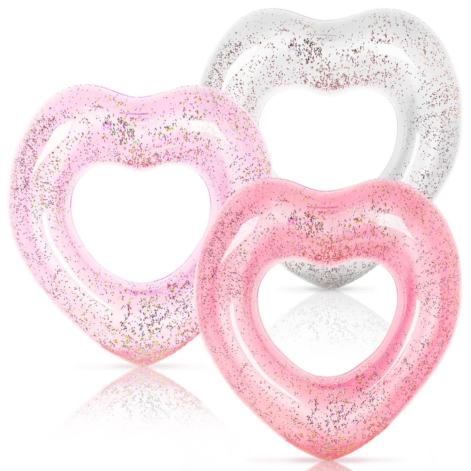 Whaline 3Pcs Inflatable Heart Pool Float with Glitter Inside Rose Gold Pink White Swim Heart Shaped Pool Rings Float Loungers Tube for Summer Swimming Pool Beach Bachelorette Party  35 x 35 Inch