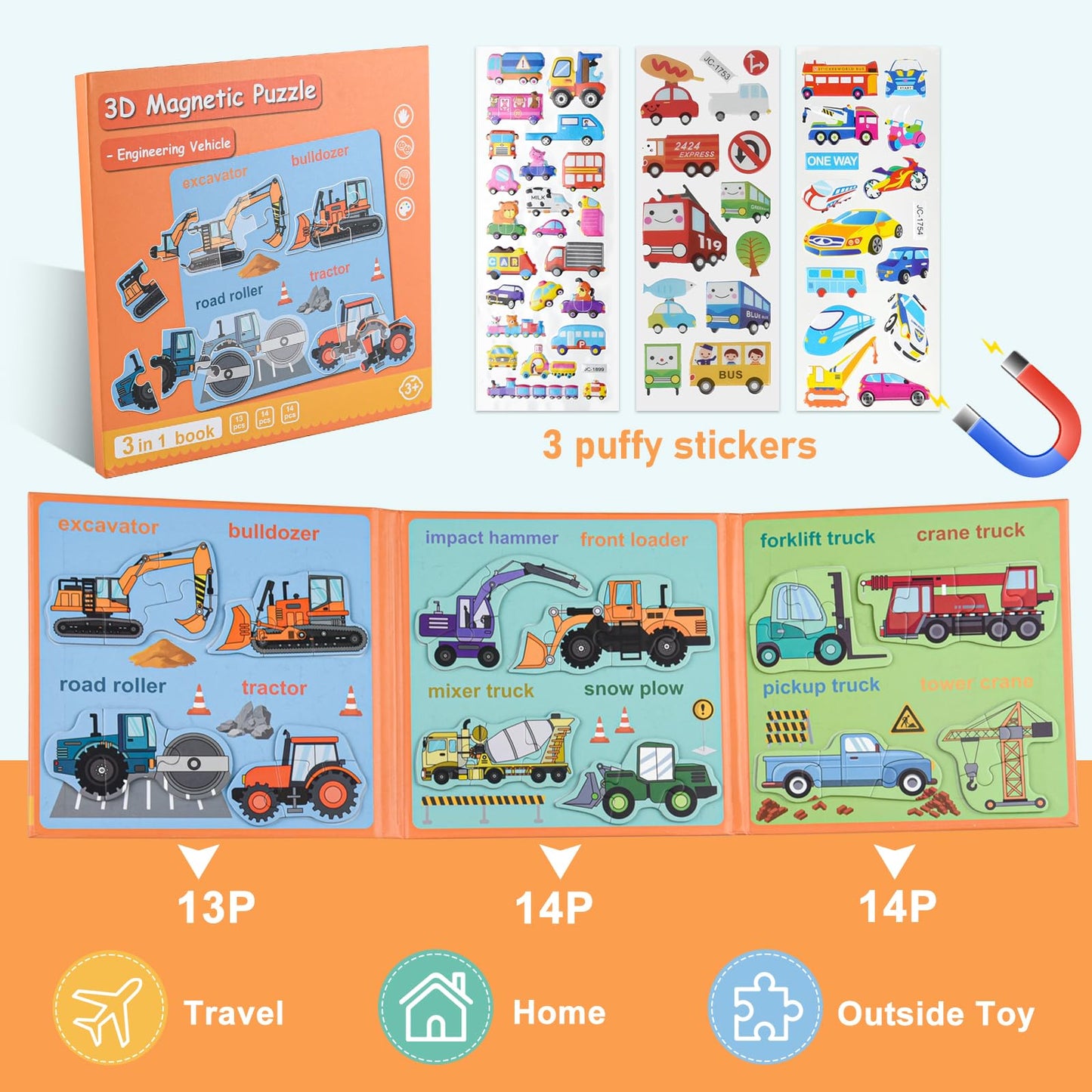 ASTARON 3D Magnetic Puzzle with 60 Puffy Stickers for Toddlers, 41 Pieces Construction Vehicles Toddler Puzzles Preschool Educat