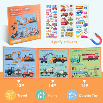 ASTARON 3D Magnetic Puzzle with 60 Puffy Stickers for Toddlers, 41 Pieces Construction Vehicles Toddler Puzzles Preschool Educat
