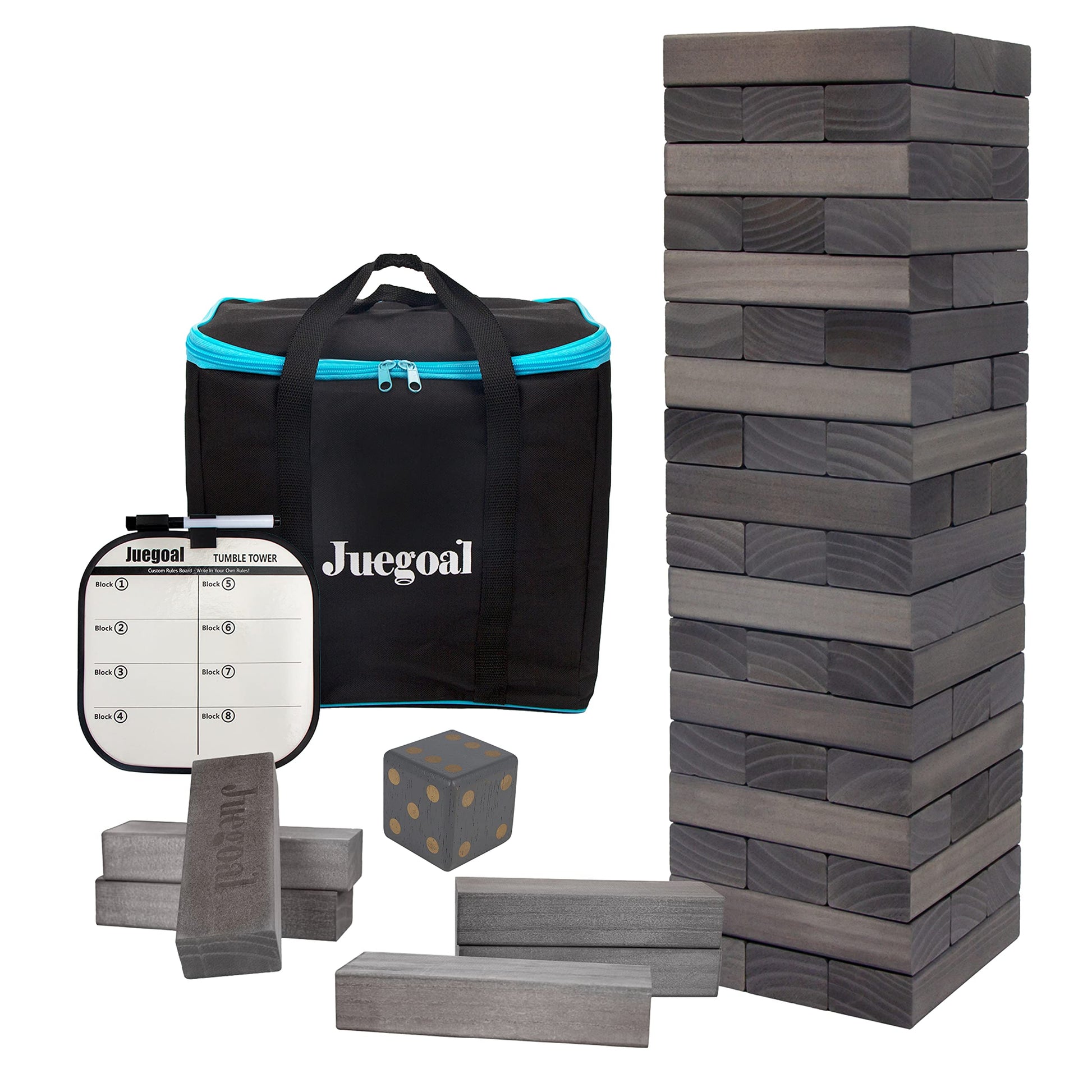 Juegoal 54 Pieces Giant Tumble Tower Blocks Game Giant Wood Stacking Game with 1 Dice Set  Gameboard  Canvas Bag for mature-themed  Kids  Family  Grey