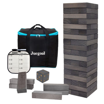 Juegoal 54 Pieces Giant Tumble Tower Blocks Game Giant Wood Stacking Game with 1 Dice Set  Gameboard  Canvas Bag for mature-themed  Kids  Family  Grey