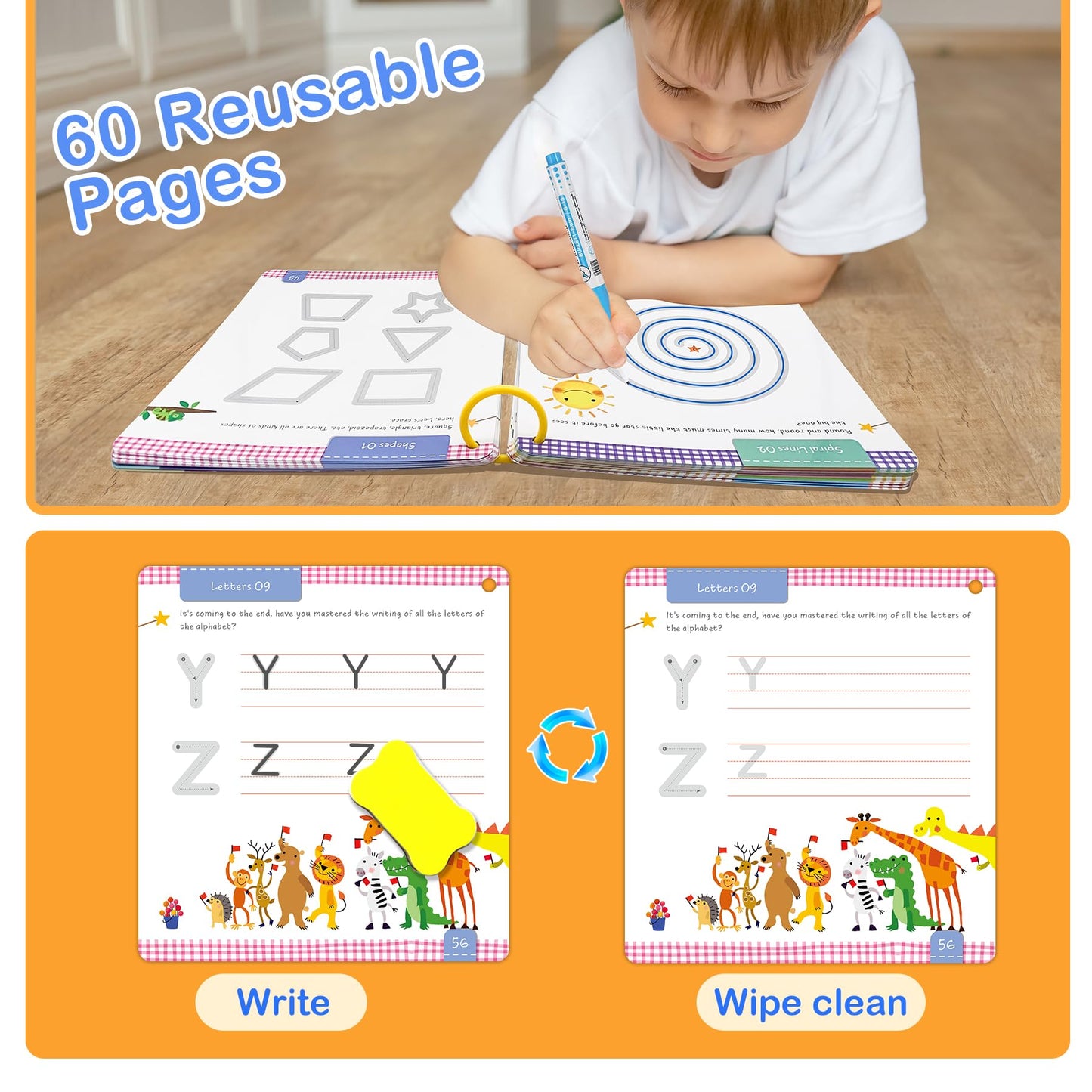 Hulupiggy Preschool Learning Activities 60 Reusable Pages, Tracing Letter Number Handwriting Practice Book For Kids, Montessori