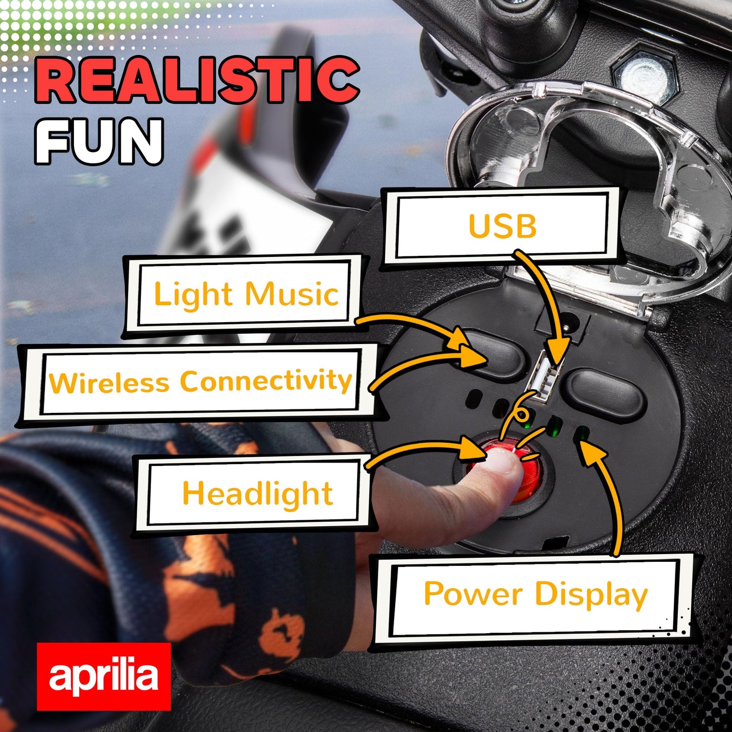 Qaba 12V Kids Motorcycle, Aprilia Licenced Electric Motorcycle for Kids with Training Wheels, Spring Suspension, LED Light, USB,