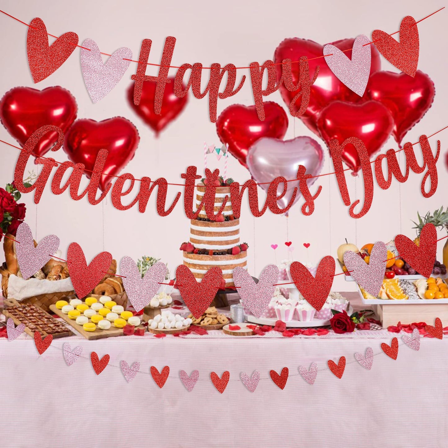 LeeSky Red Glitter Happy Galentines Day Banner & Heart Banner Garland Decorations for Valentines Day, Wedding, Anniversary Part