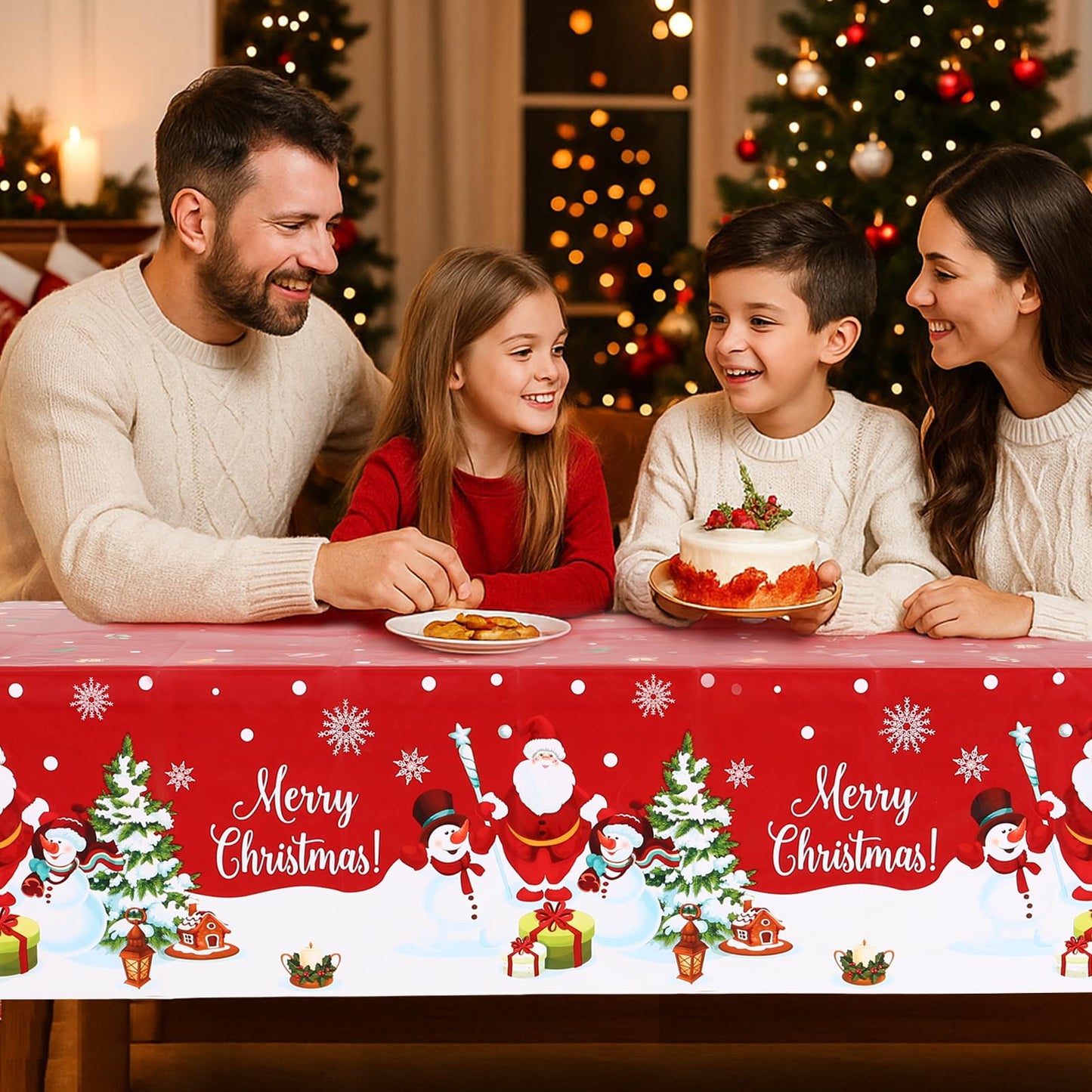 Staraise 3PCS Christmas Tablecloth, Red Rectangular Plastic Christmas Tablecloth, Winter Snowflake Snowman and Santa Claus Dispo