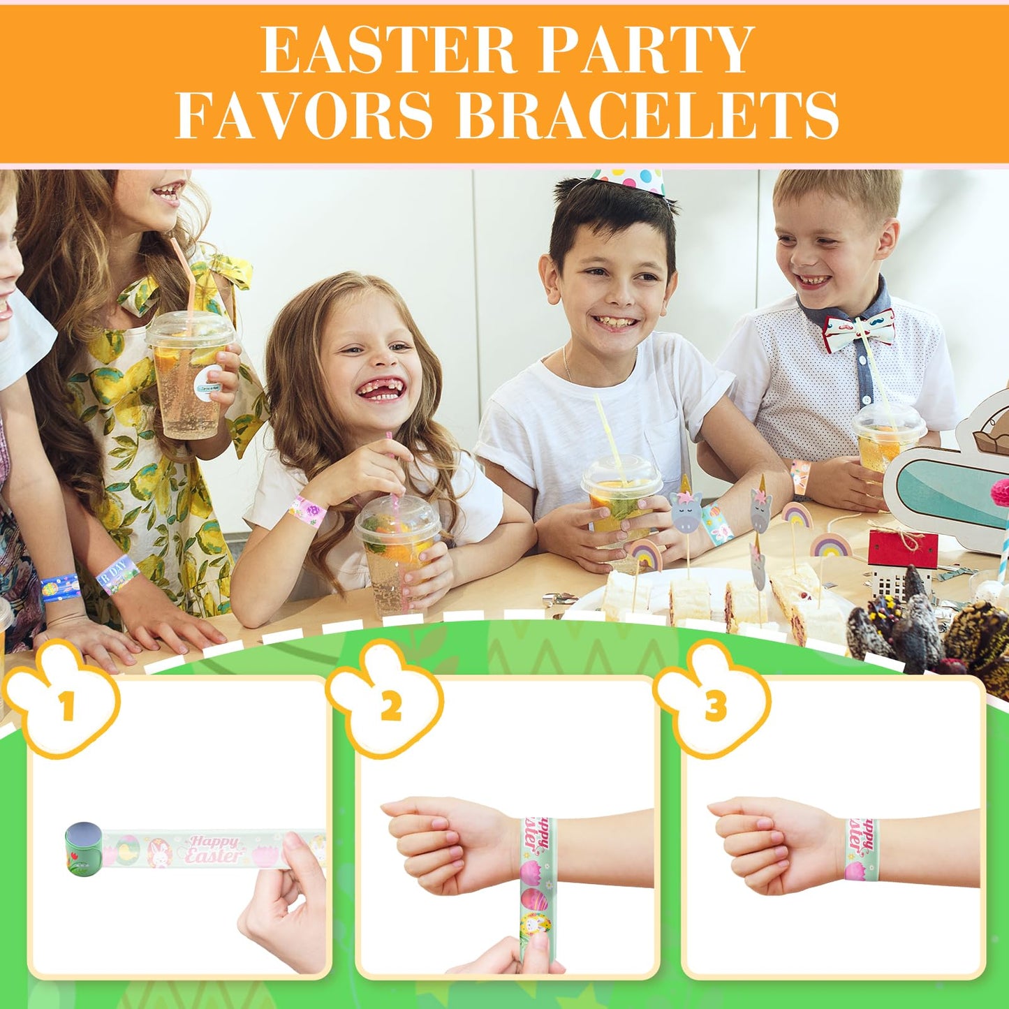 48 Pieces Easter Slap Bracelets Bulk Party Favors for Kids - 12 Designs Spring and Easter Themed Snap Bands, Classroom Exchanges