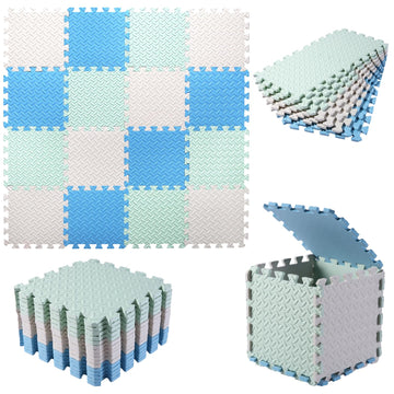 Tamiplay Foam Play Mat For Baby, Eva Soft Non-Toxic Baby Playmat, Interlocking Floor Mats, Solid Colored Foam Puzzled Floor Mats, Baby Play Mat Exercise Mats, 16 Tiles(White/Green/Light Blue)