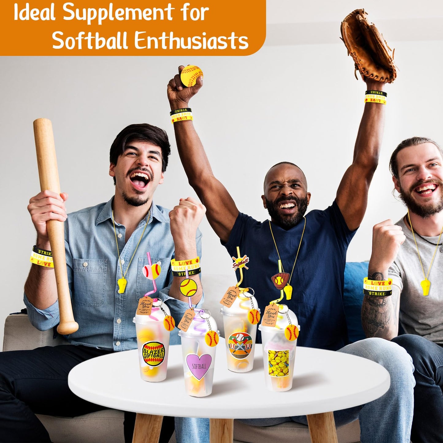 Weysat 268 Pcs Softball Party Favors Sets for 24 People Birthday Gifts Goody Cups with Straws Key Chains Whistles Silicone Wrist