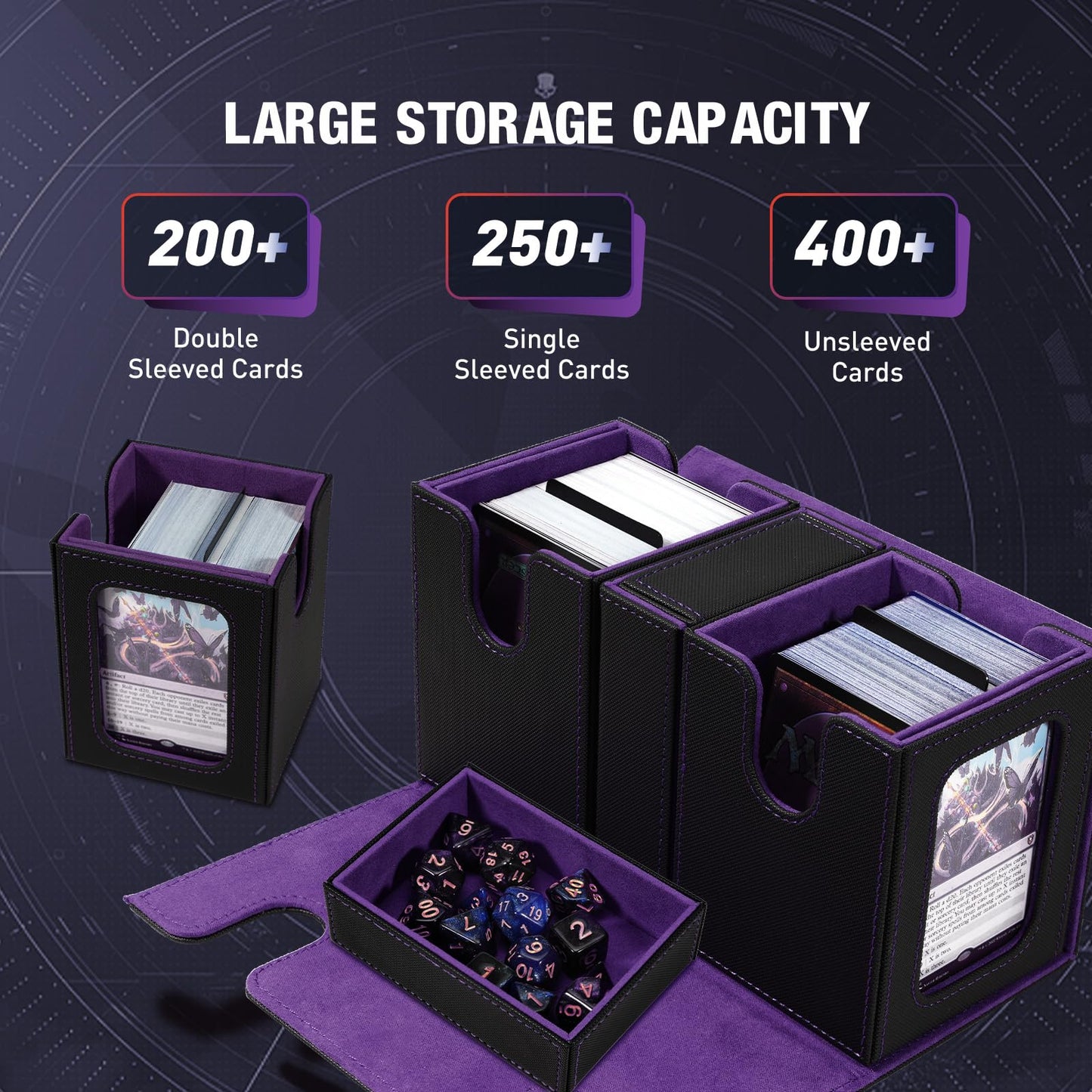 TiMOVO MTG Deck Box  Commander Deck Case Fits 200+ Double-Sleeved Cards  Magnetic Leather Card Storage Box with 2 Commander Display & 4Dividers & Dice Tray Fit YuGiOh TCG CCG Magic Cards  Black+Purple