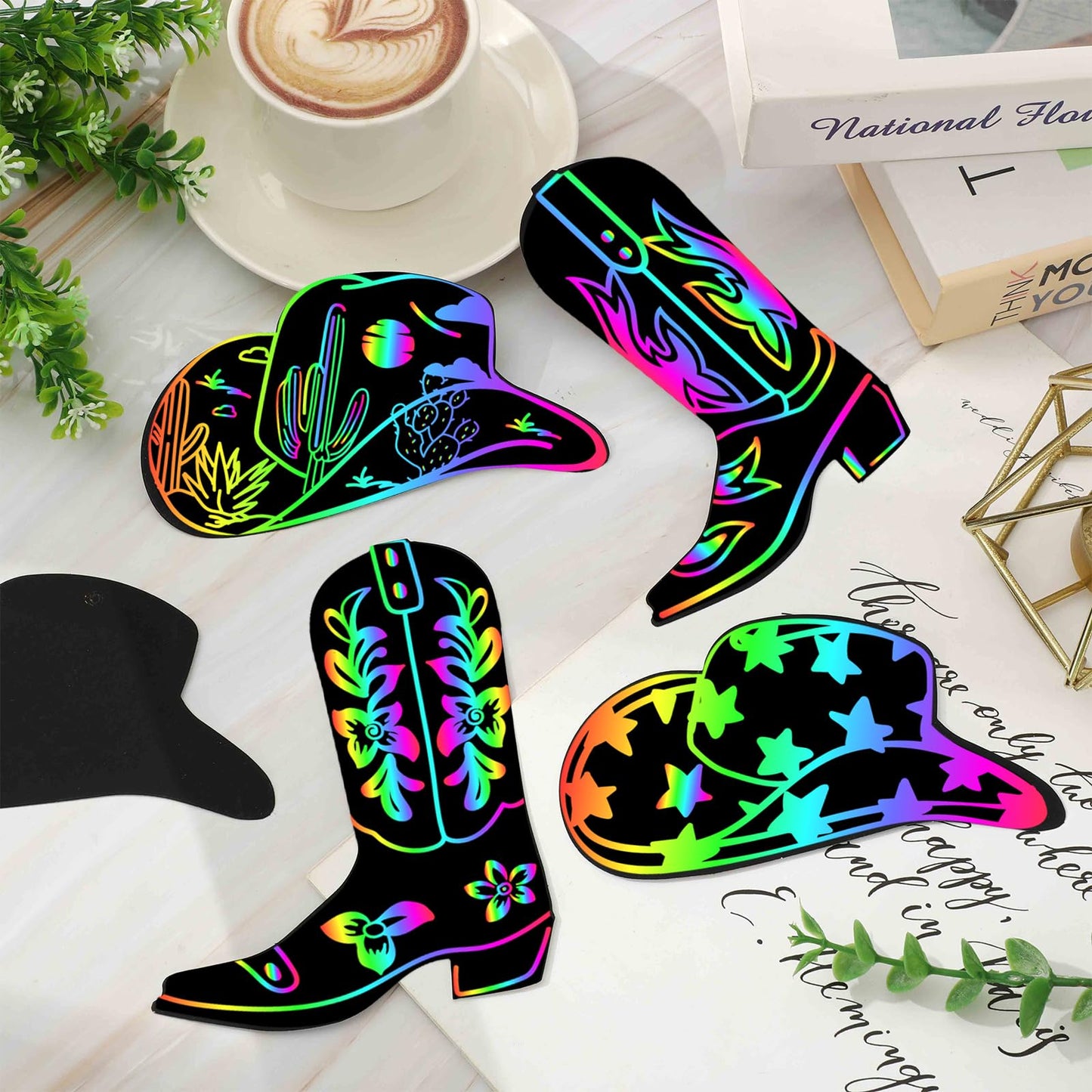 JarThenaAMCS 60 Pcs Western Cowboy Scratch Paper Craft Kits Cowboy Hat Boot Scratch Cards Ornaments with Ribbon & Wood Styluses