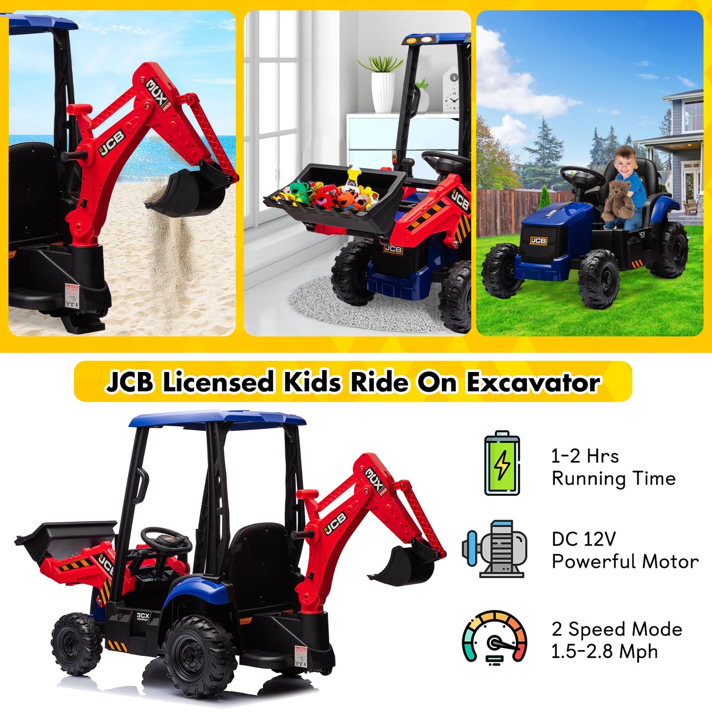 Btmway 12V Jcb Ride On Excavator,Kids' Electric Vehicles With Remote Control,Various Accessories,Sand Digger And Backhoe Shovel