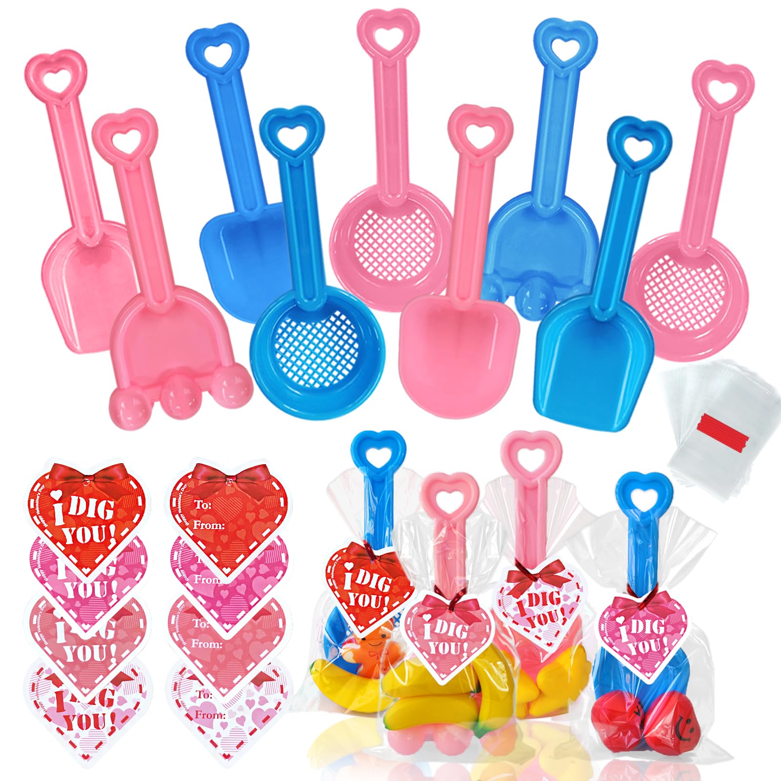 Fvcisshhu 28 Set Plastic Shovels Toy for Kids,Summer Beach Sand Shovel with I Dig You Cards Candy Bags Ties for Valentine's Part