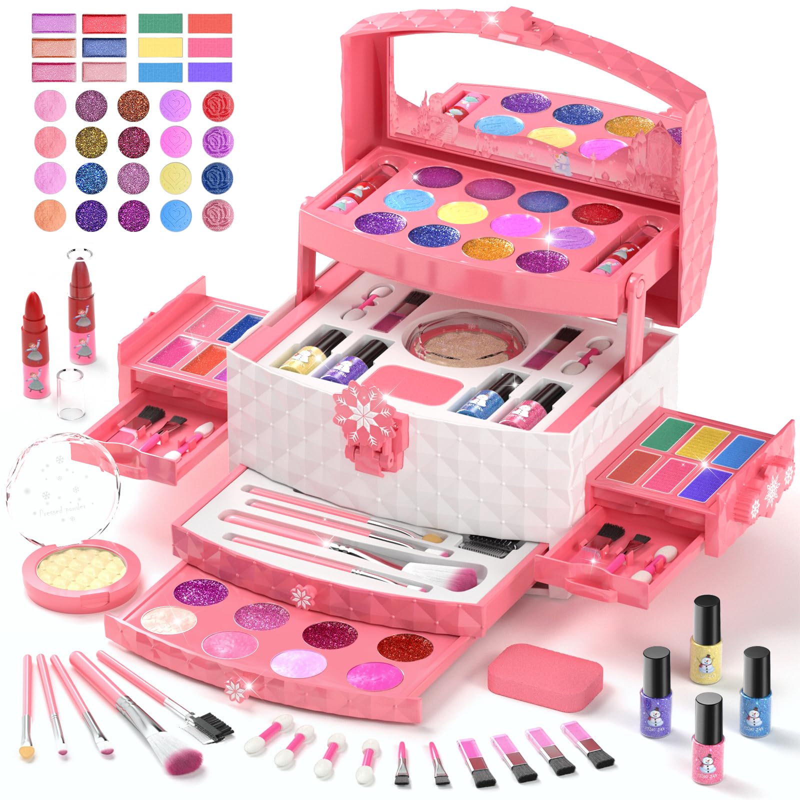 GirlsHome Kids Makeup Set for Girl 56 Pcs Washable Real Cosmetic, Safe & Non-Toxic Frozen Toys Toddler Makeup Kit, Frozen Prince