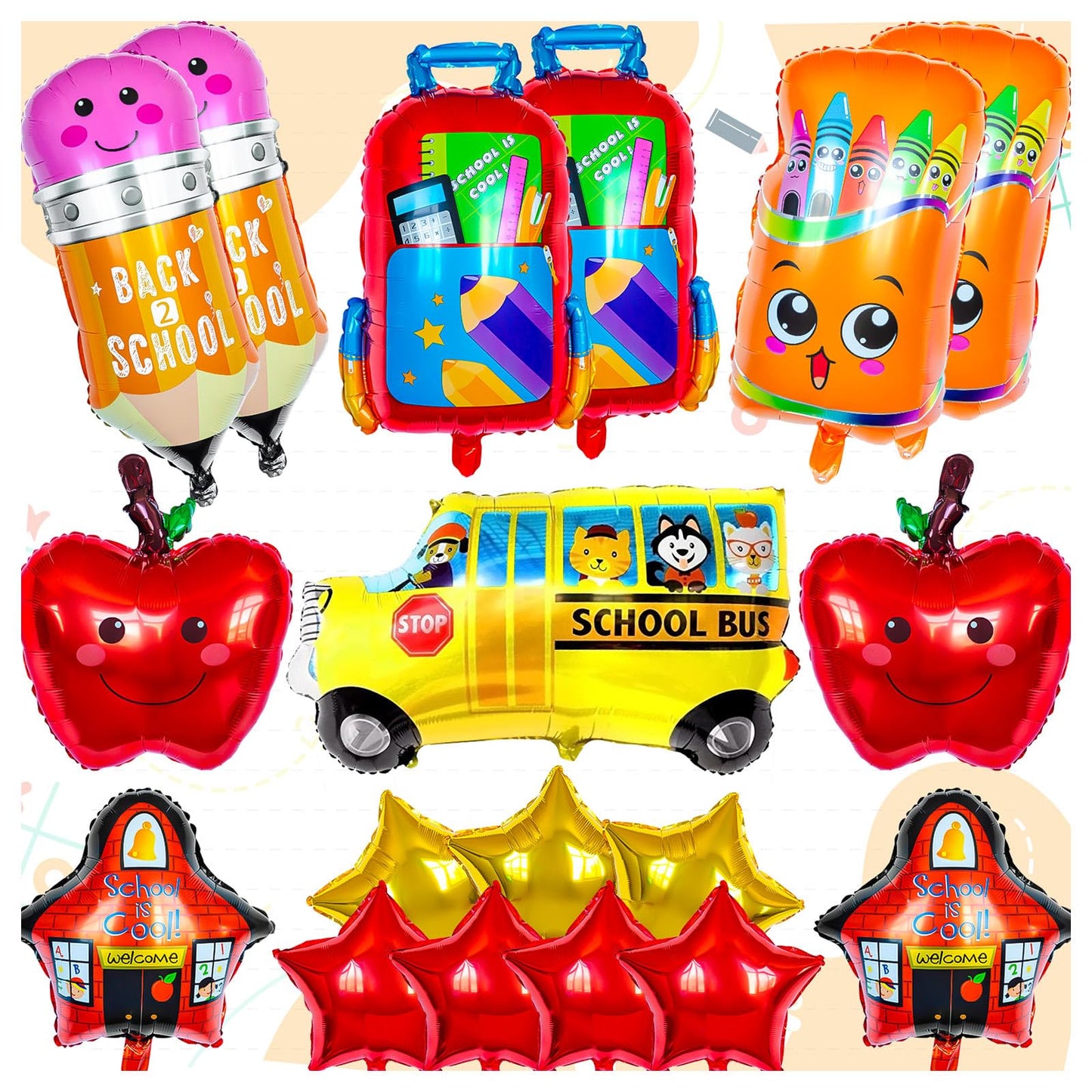 20 Pcs Back To School Balloons, Colorful School Bus Balloons Pencil Apple Crayon Foil Balloon, Red Yellow Mylar Helium Balloons