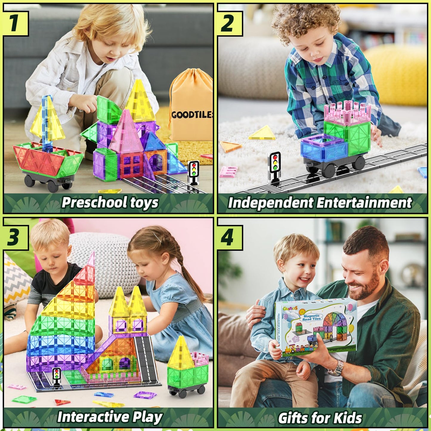 Goodtiles Magnetic Tiles Road Sets With Car Kits -Magnet Building Blocks Montessori Toys For Toddlers | Preschool Educational Se