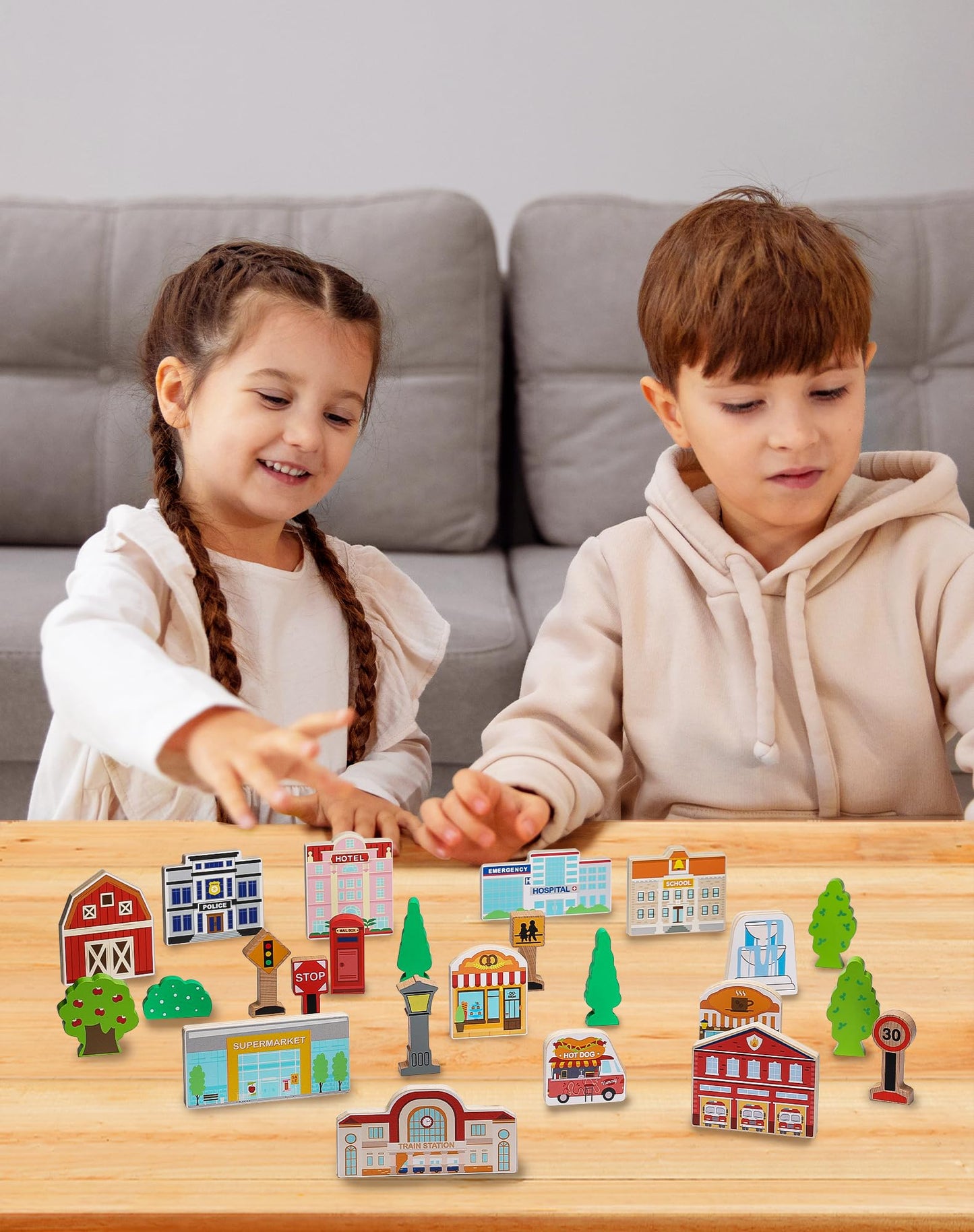 SainSmart Jr. 30 Pcs Wooden Town Play Set, Wooden Train Accessories, Community Helpers Toys for Preschool Learning | Includes Bu