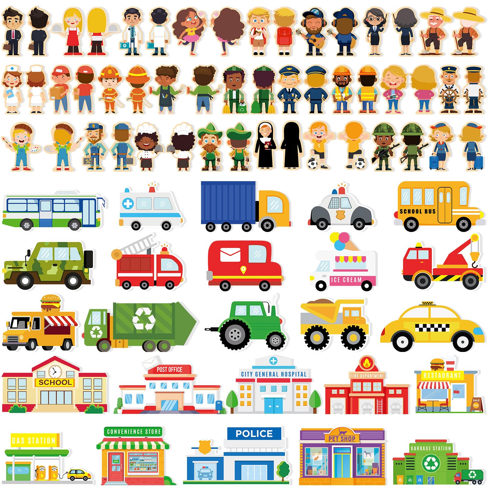 Gemscream 50 Pcs Wooden Community Helpers Pretend Play Set Community Includes Little Wooden People Buildings Cars Multicultural 
