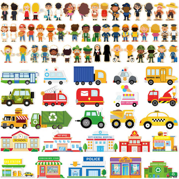 Gemscream 50 Pcs Wooden Community Helpers Pretend Play Set Community Includes Little Wooden People Buildings Cars Multicultural 