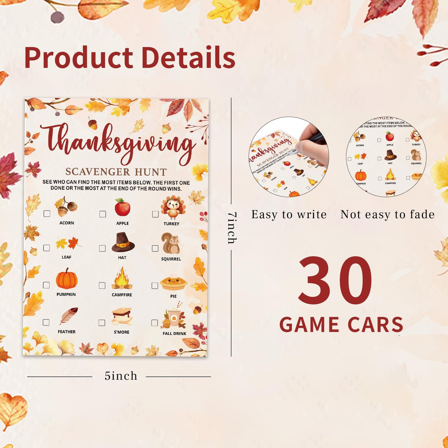 Bltgh Thanksgiving Scavenger Hunt Game Cards Fun Fall Party Activity for Family and Friends Autumn Holiday Guessing Game 5x7 Inch Cards