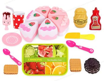 SHAKTISM Colourful Tableware Yummy Pizza Role Play Toy, Fruit Cut Set, Cake Cutting Set for Kids, Pizza, Cakes, Pasteries, Softy