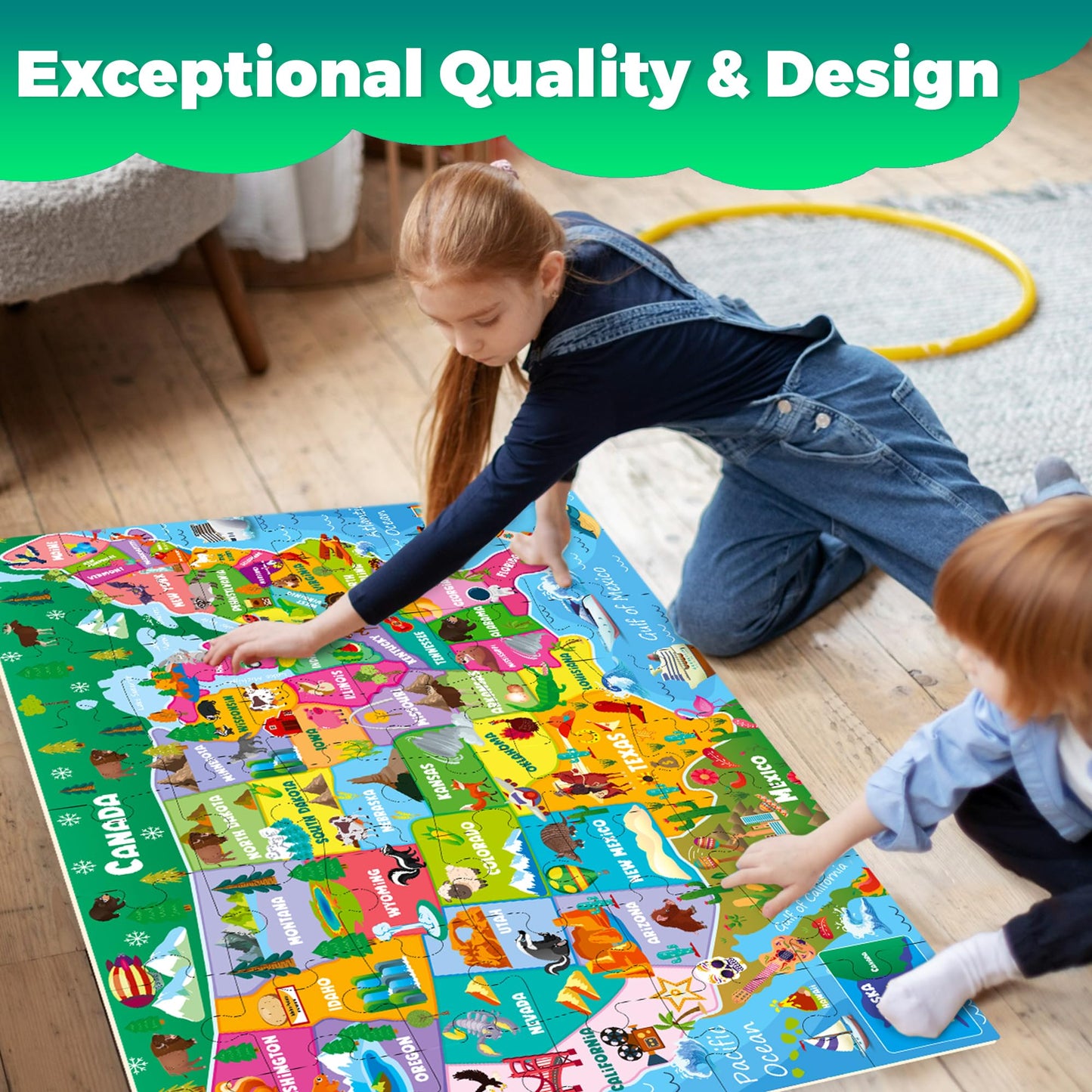 QUOKKA Giant Floor Puzzle for Kids Ages 4-6 - 2x3 Feet Extra-Thick 48 Pieces Toddler Puzzle Ages 3-5 - USA Map Educational Activity for Boys Girls - enhanced Box with Sturdy Handle & Magnetic Closure