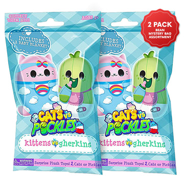 Kittens Vs Gherkins - Mystery Bag - Contains 2 Pairs Of 3' Bean Filled Plushies! Collect These As Stocking Stuffers, Fidget Toys Or Sensory Toys. Great For Kids, Boys, & Girls - Collect Them All!
