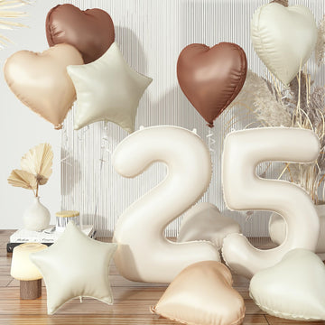 25Th Birthday Balloons Set, Nude Brown Sand White Neutral Heart Balloon Decor, Cream Beige Tan Foil Number 25 Balloon Star Ballo