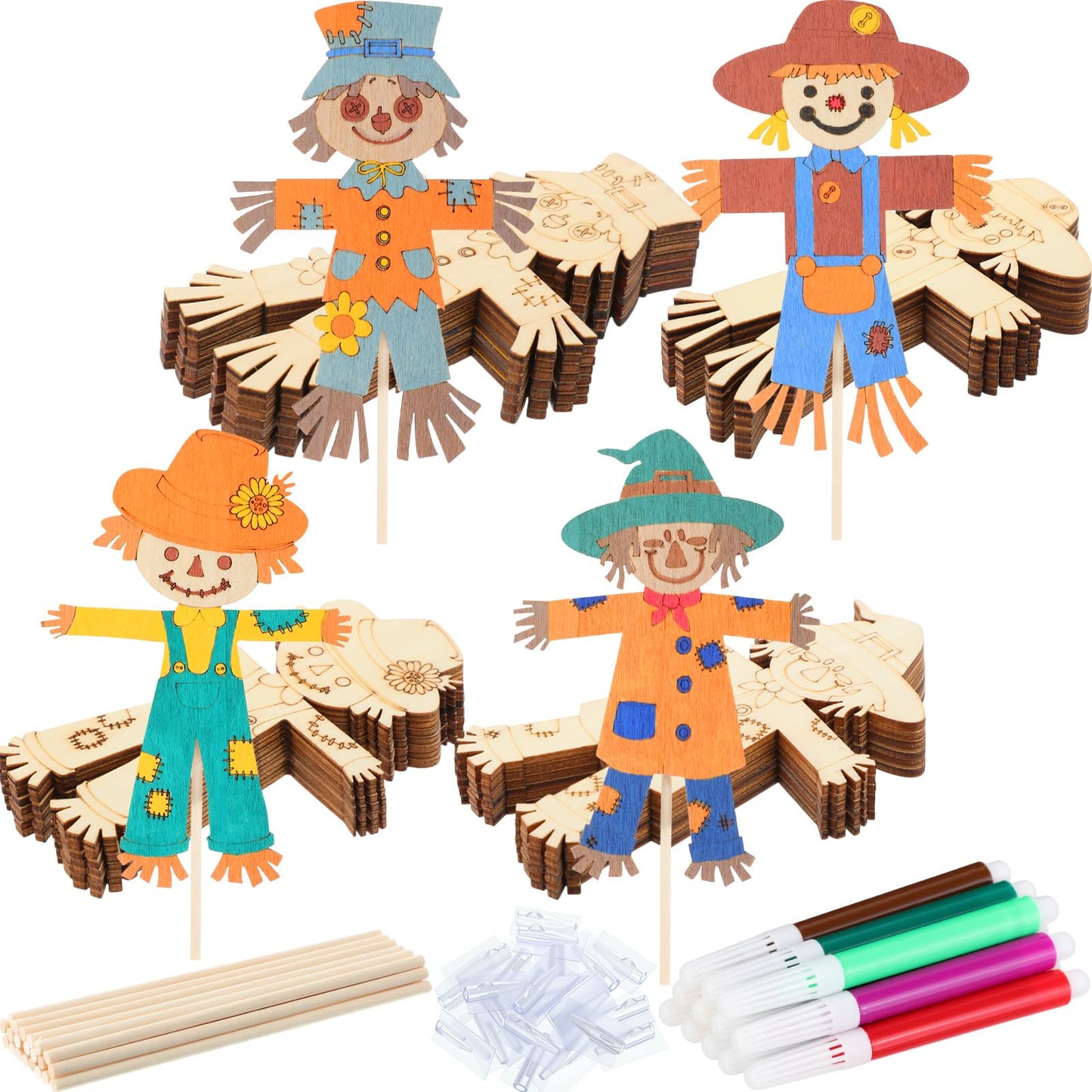 Blueweenly 12 Pcs Fall Scarecrow Painting Craft Kits for Kids DIY Scarecrow Unfinished Paintable Wood Slices Make Your Own Craft