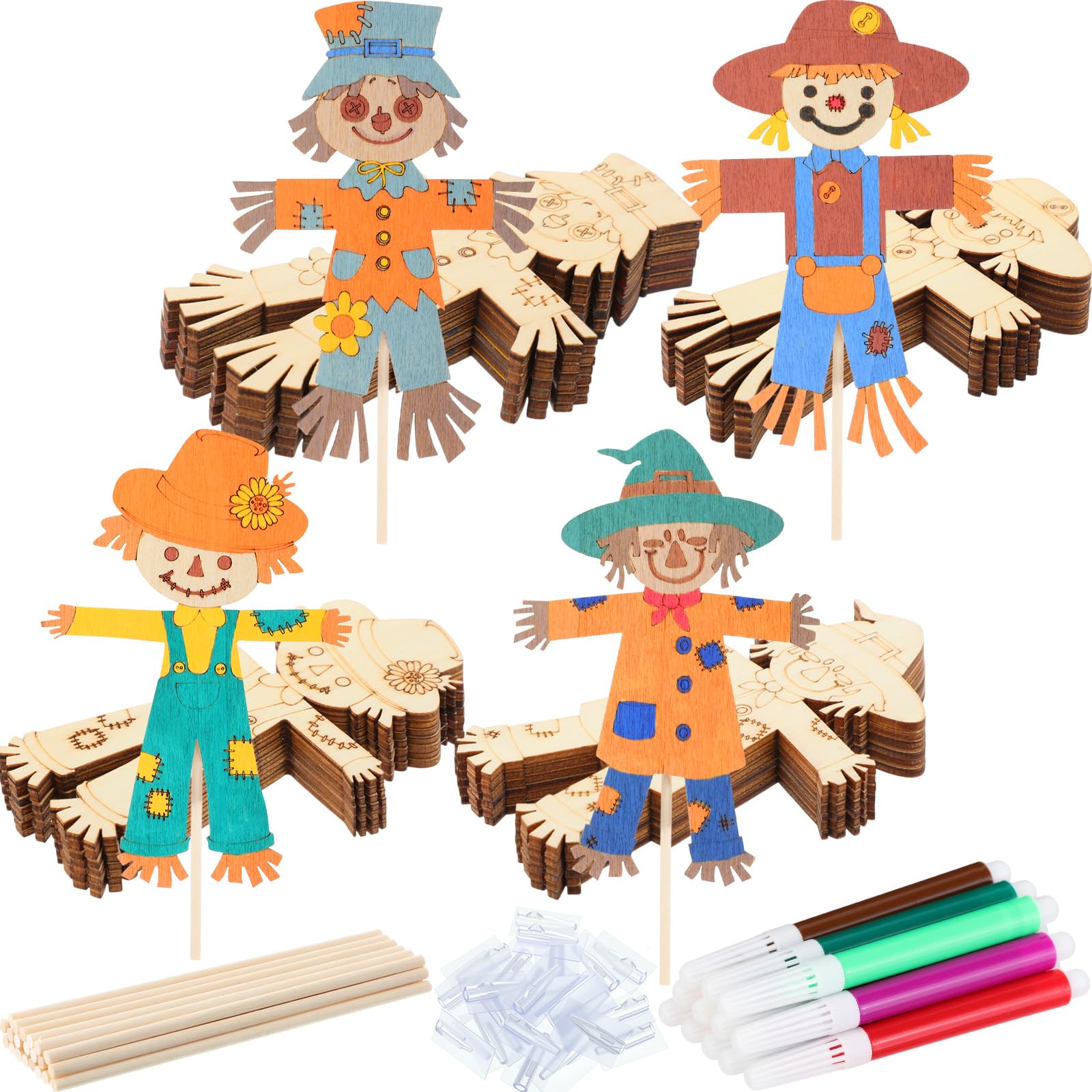 Blueweenly 12 Pcs Fall Scarecrow Painting Craft Kits for Kids DIY Scarecrow Unfinished Paintable Wood Slices Make Your Own Craft