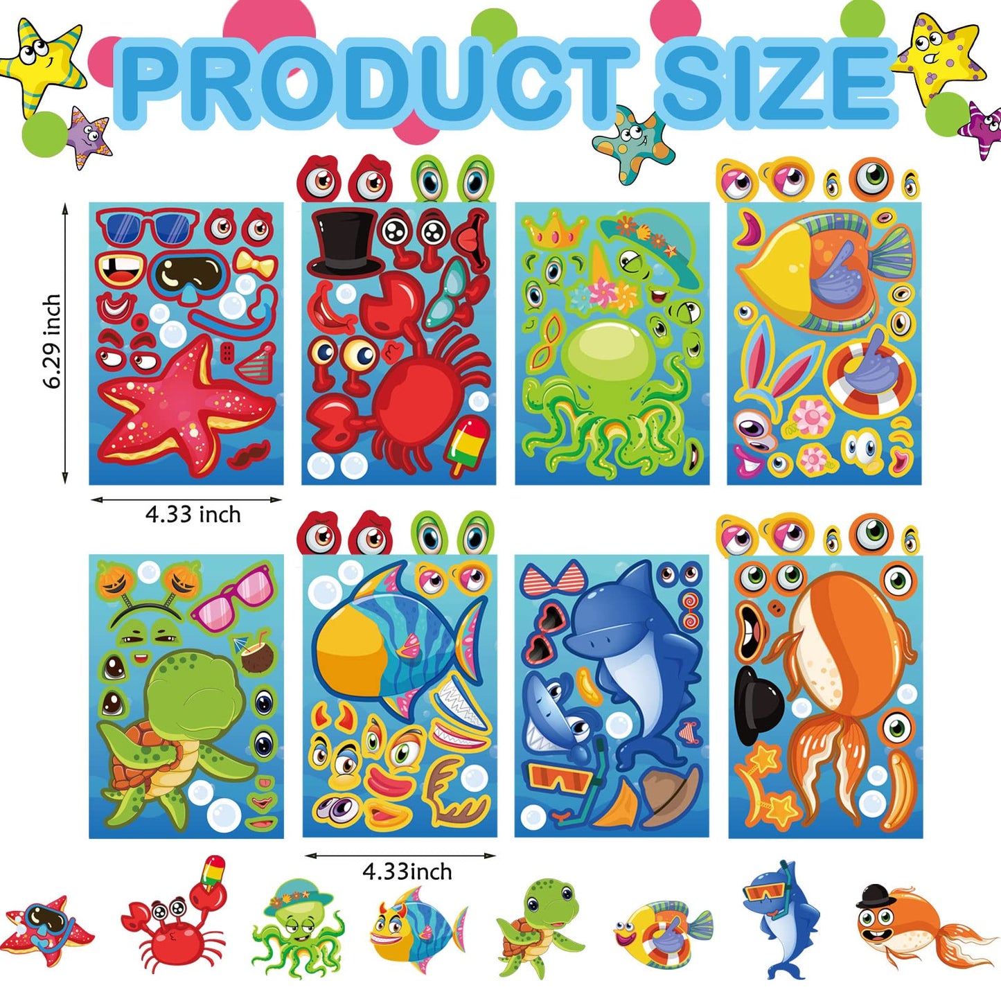 32 Sheets Make-A-Sea Face Stickers Ocean Animals Diy Art Craft Rewards For School Kid Teacher Summer Mermaid Party Favor Sticker