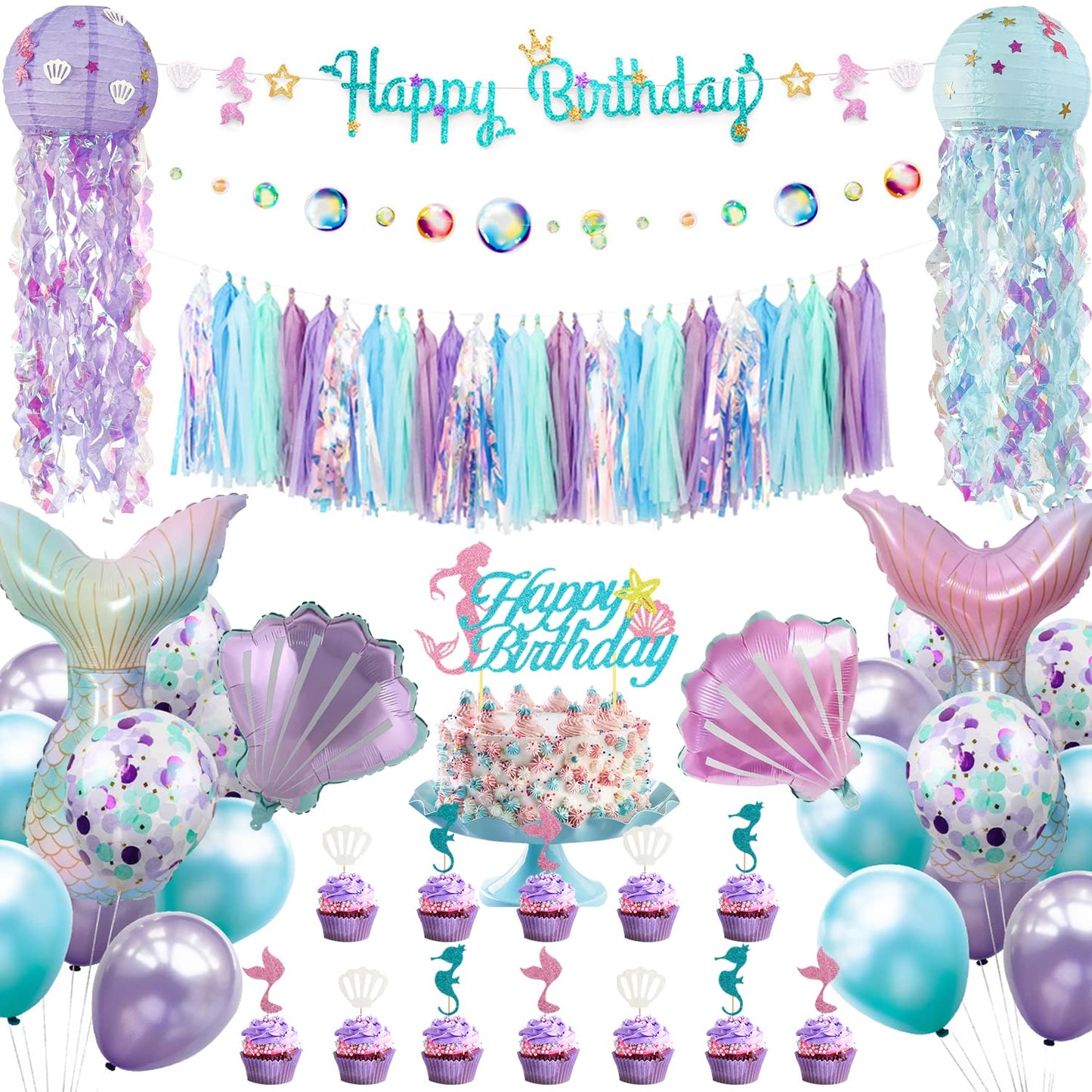 Mermaid Birthday Party Decorations Supplies Banner Tassel Garland Bubble Garland Hanging Jelly Fish Paper Lanterns Balloons Cake Topper Mermaid Happy Birthday Decorations For Kids Girls Women