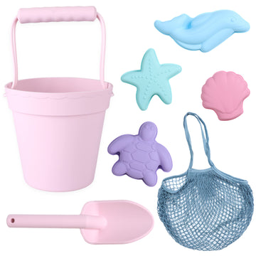 BLUE GINKGO Silicone Beach Toys - Modern Travel Friendly Beach Set  Bucket, Shovel, 4 Sand Molds, Beach Bag  Sand Toys for Toddl
