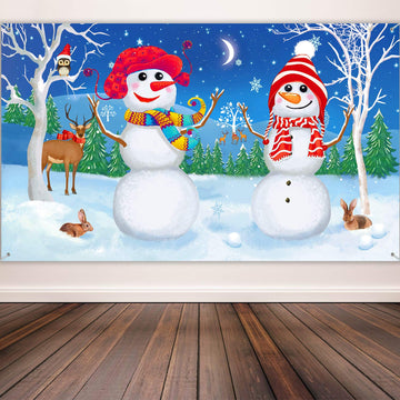 Blulu Christmas Backdrop Banner Winter Snowman Background For Photography Xmas Snow Scene Happy New Year Eve Backdrop Banner Prop For Family Friend Party Wall Holiday Decoration 72.8 X 43.3 Inches