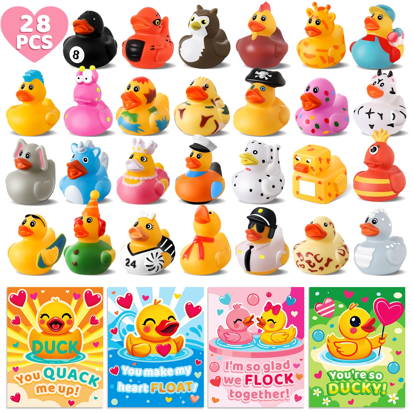 Anggiko 28 Pack Valentines Cards For Kids Classroom School With Valentines Rubber Ducks, Assorted Valentines Day Jeep Ducks Toys