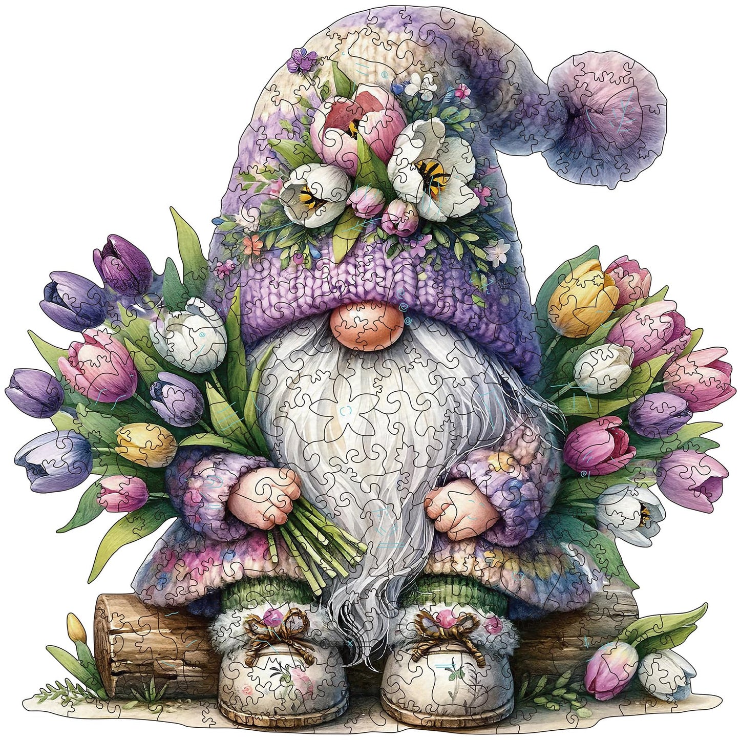 Gnome Wooden Puzzles for mature-themeds  300pcs Gnome Wooden Jigsaw Puzzles for mature-themeds  Flowers Unique Shaped Jigsaw Puzzles Creative Gift for Friend Family Game Large Size 15'' x 14.1''